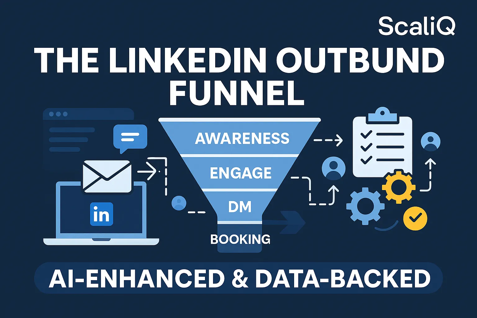 A professional networking graphic illustrating a multi-stage outreach funnel with LinkedIn icons, AI elements, and engagement strategies.