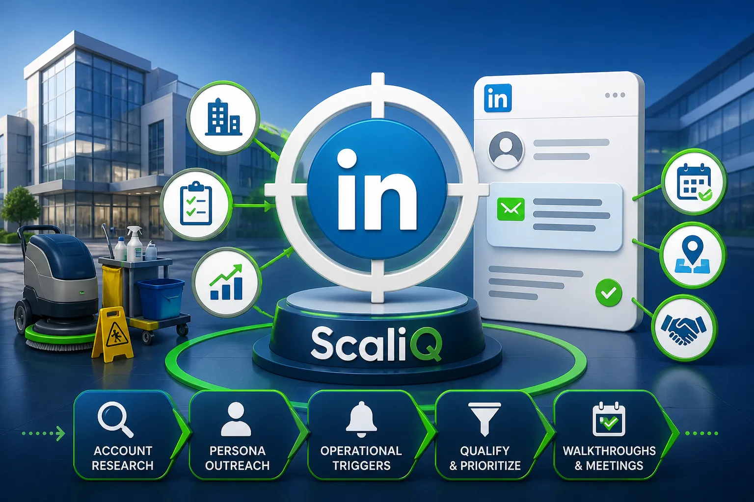 LinkedIn outreach dashboard targeting facility management decision-makers with personalized lead-generation messaging