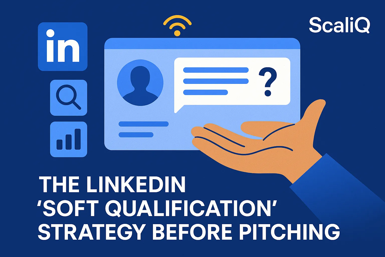 A salesperson using LinkedIn messages to qualify a prospect with a low-pressure, consultative question before pitching.
