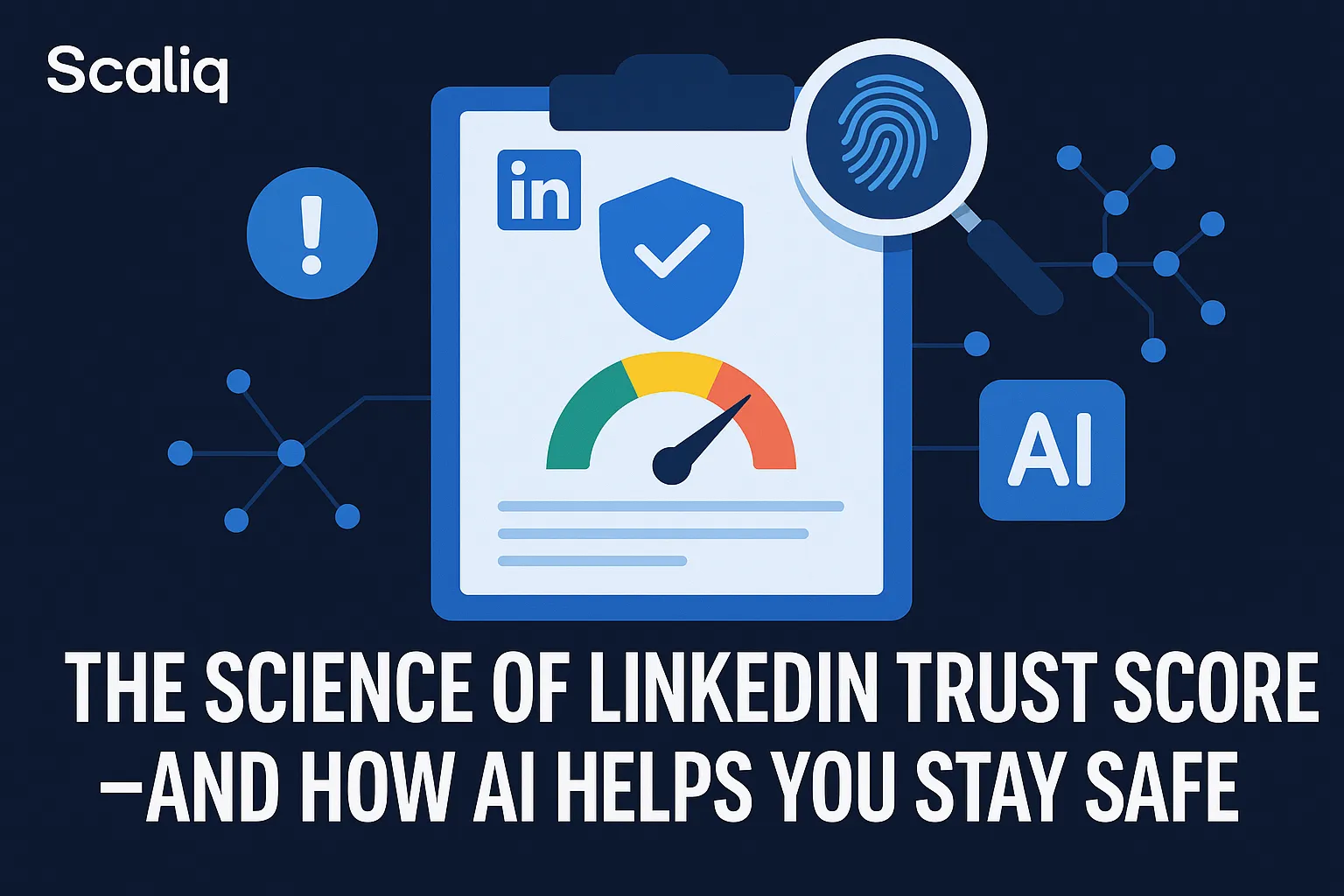 An illustration of a LinkedIn profile with digital security elements, highlighting trust scores and AI's role in user safety.