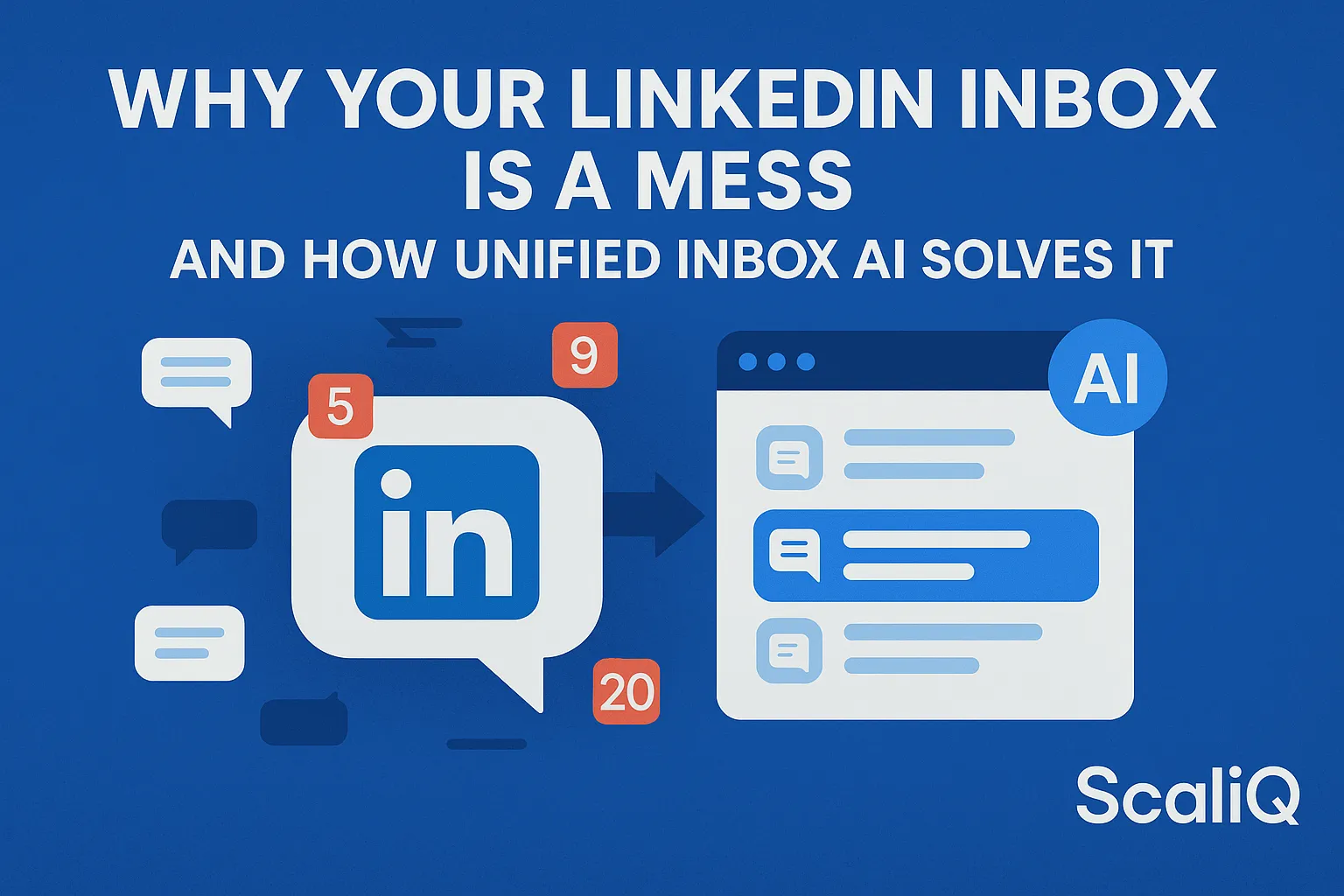 A cluttered LinkedIn inbox with notifications, contrasted by a sleek interface showcasing AI-driven organization and efficiency.