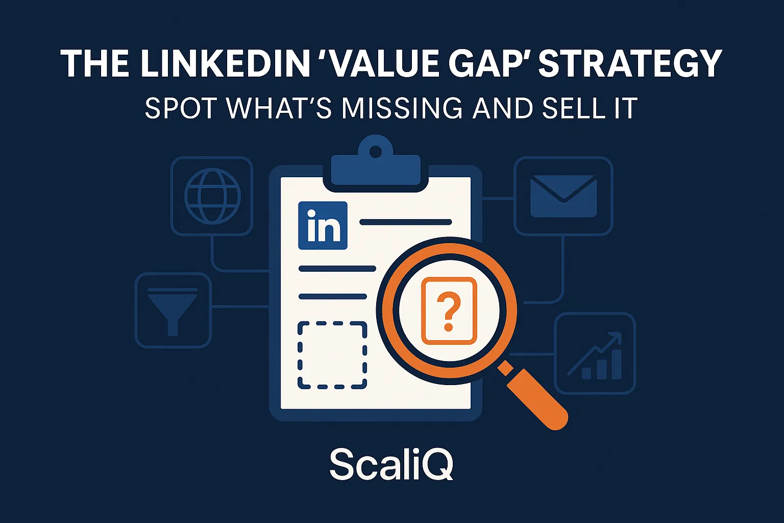 Salesperson identifying a missing business opportunity on a LinkedIn profile with notes and a laptop