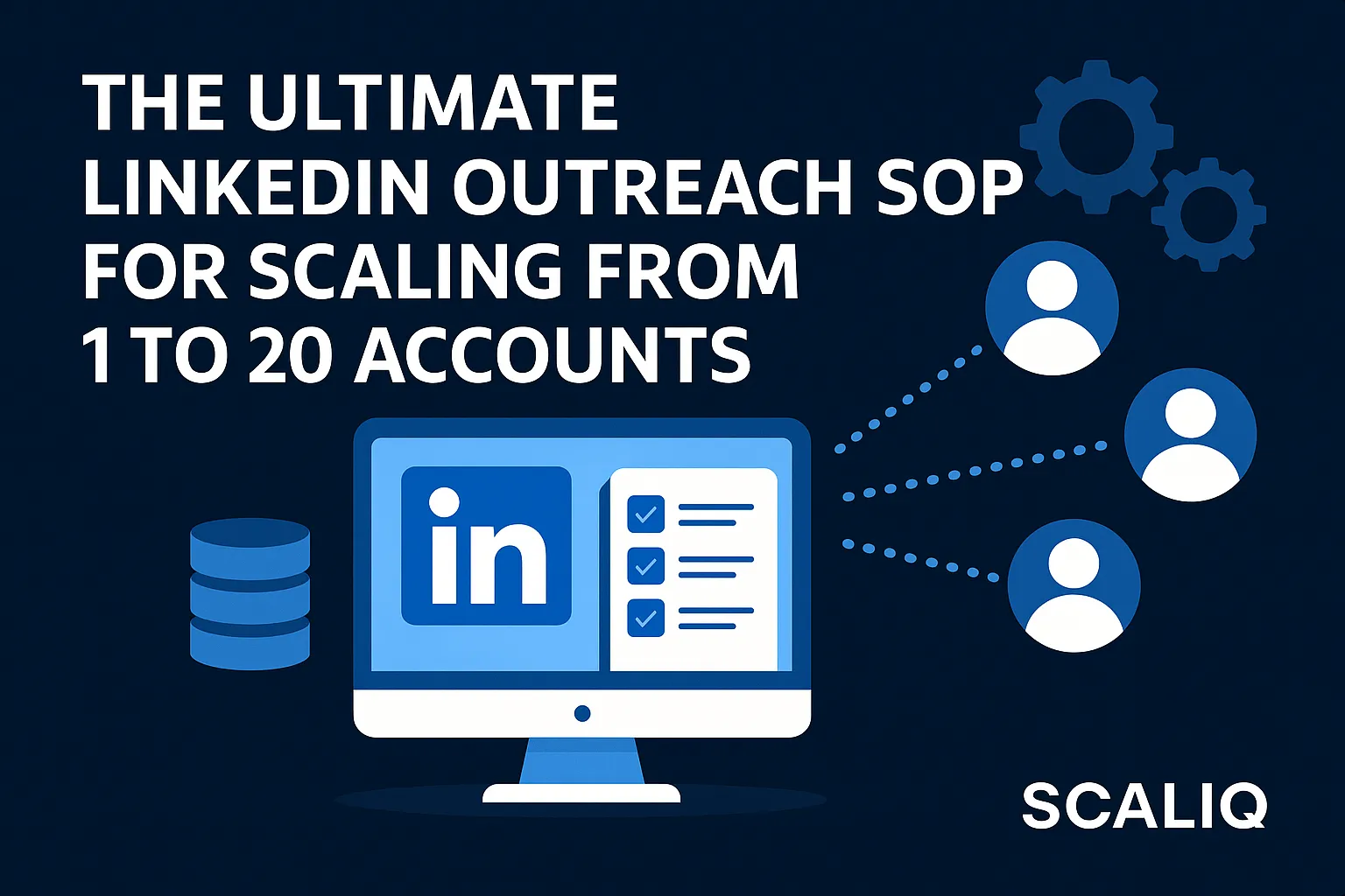 A team collaborating on a LinkedIn outreach strategy, with charts and laptops illustrating growth and workflow processes.