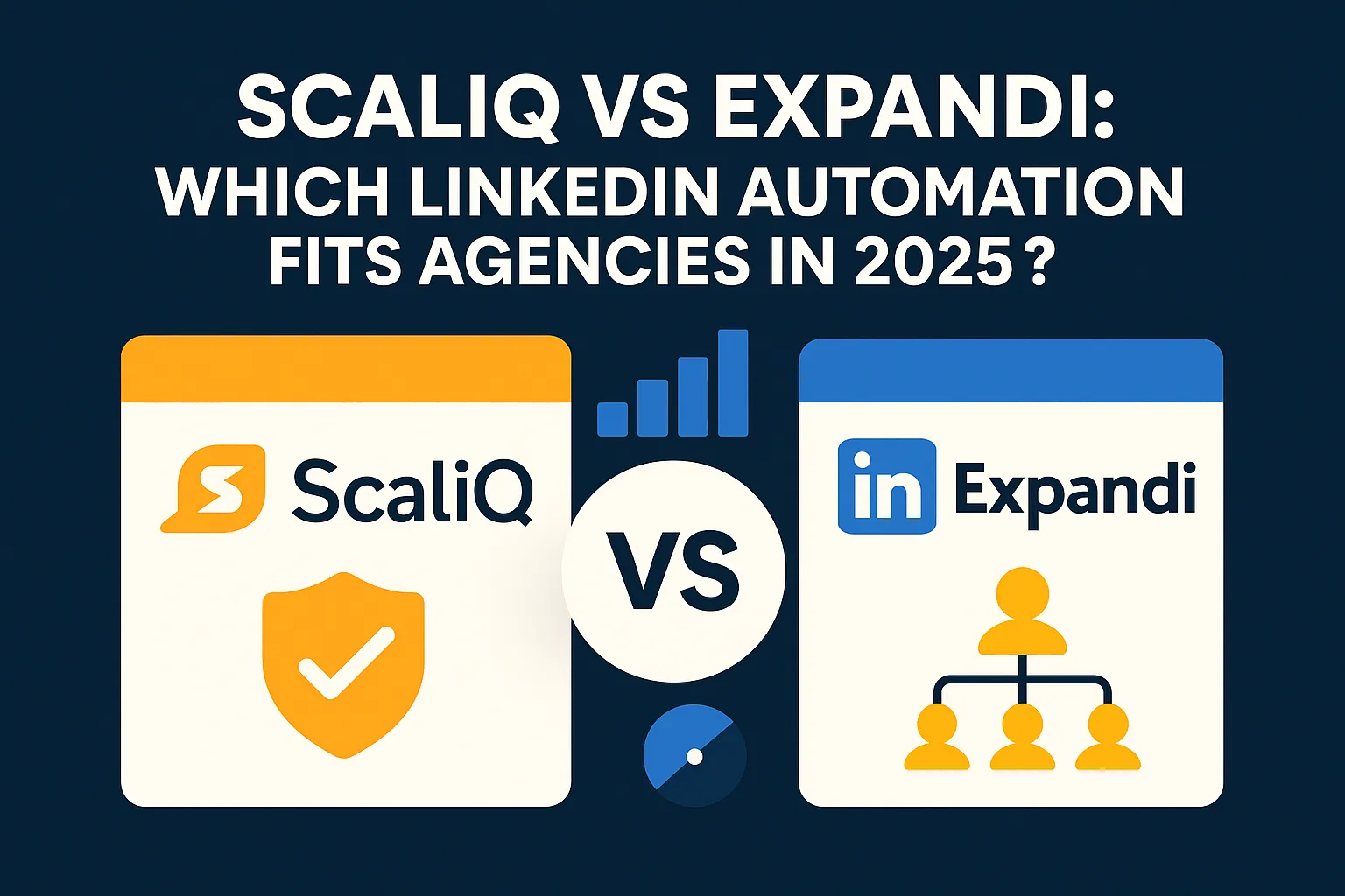 Two laptops side by side displaying ScaliQ and Expandi interfaces, symbolizing a comparison of LinkedIn automation tools for agencies.