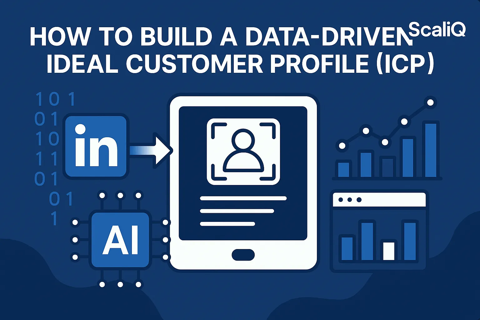 A person analyzing LinkedIn data on a laptop, with AI graphics overlay, illustrating the process of crafting an ideal customer profile.