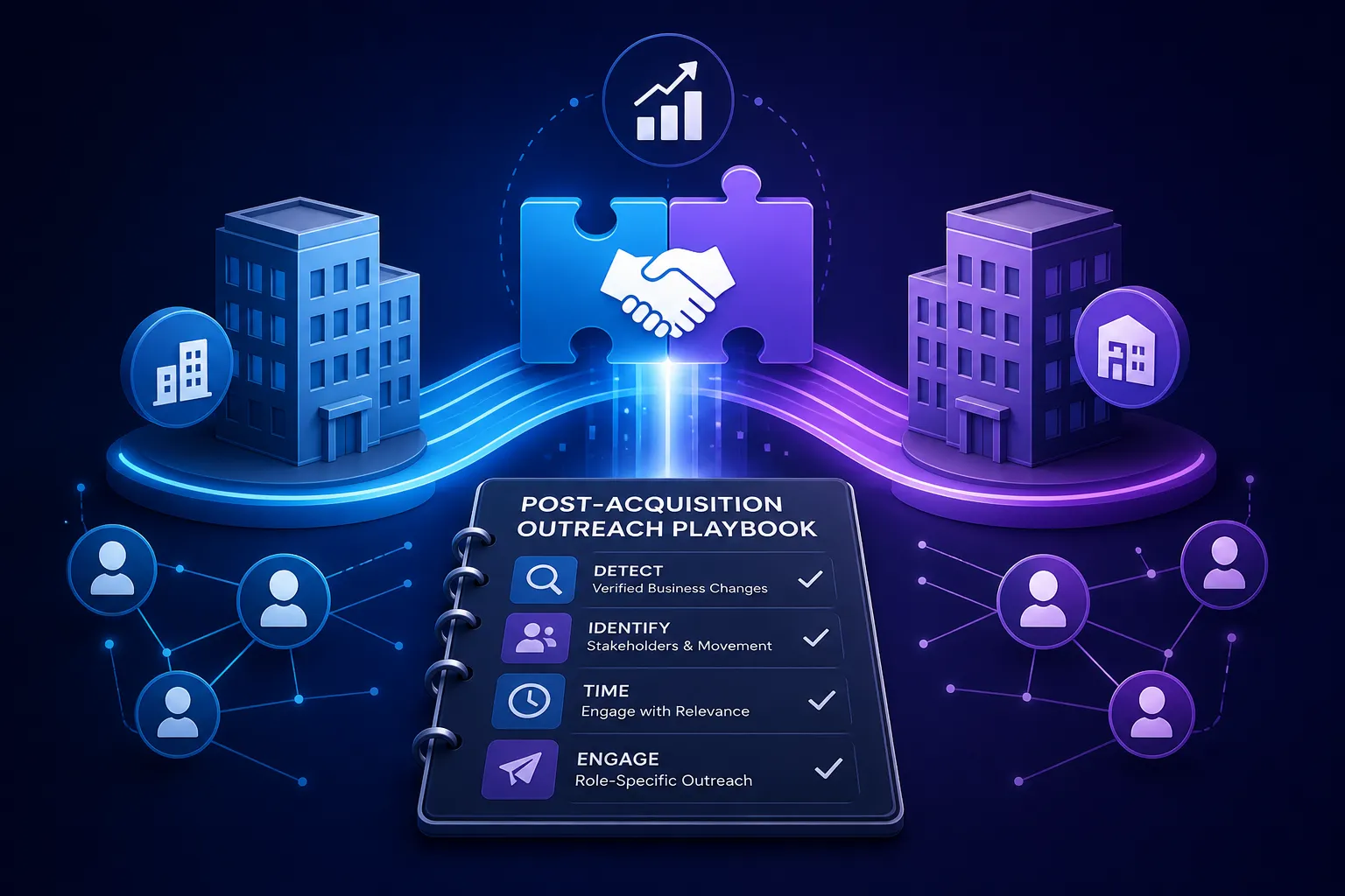 LinkedIn outreach strategy mapped to a company acquisition, with timing and stakeholder targeting highlighted