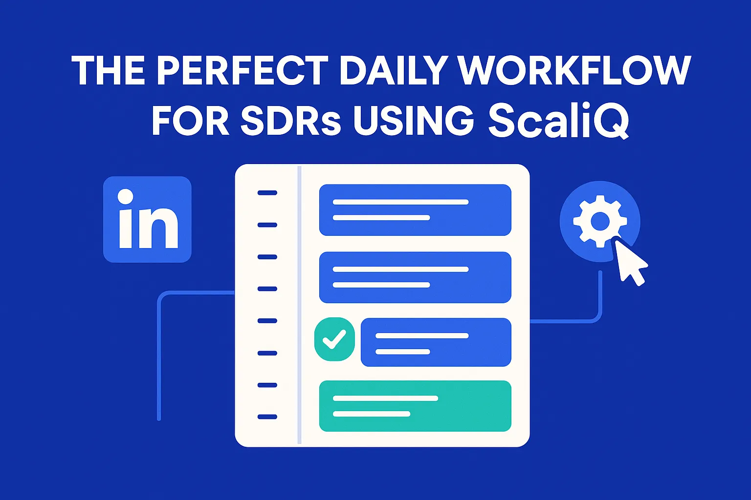 A streamlined daily workflow graphic illustrating SDR tasks and tools, highlighting efficiency and outreach with ScaliQ.